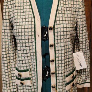 St.John By Marie Gray Collection Santana Knit Cream Cardigan  Navy Blue and Geen